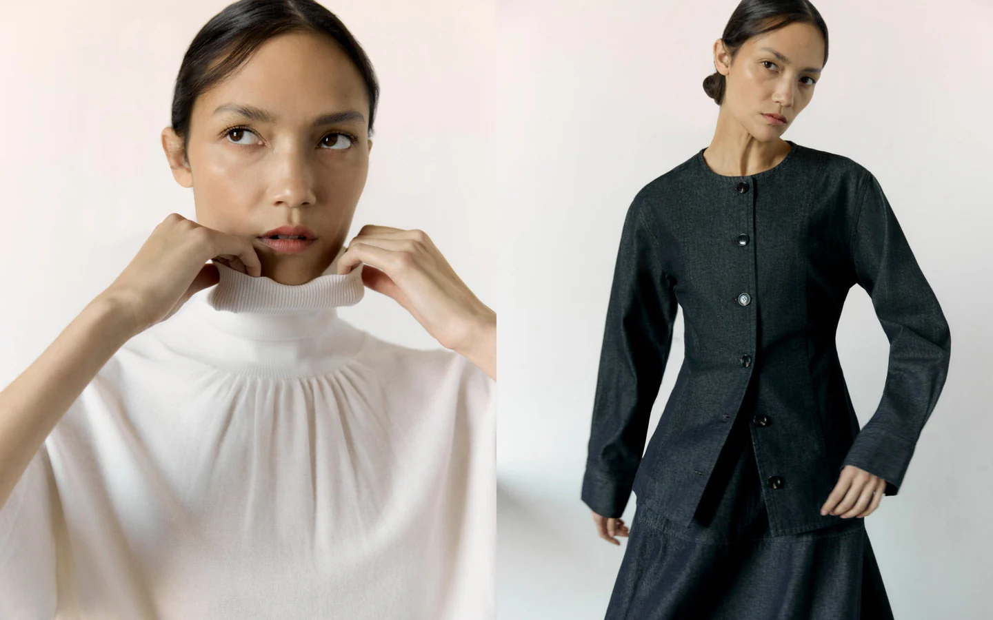 Model wearing white top